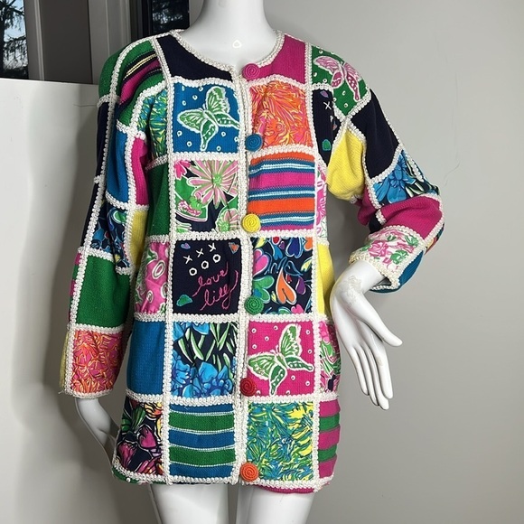 Lilly Pulitzer Sz S Vintage Patchwork Cardigan Cotton Lined Sweater Jacket - Picture 2 of 7